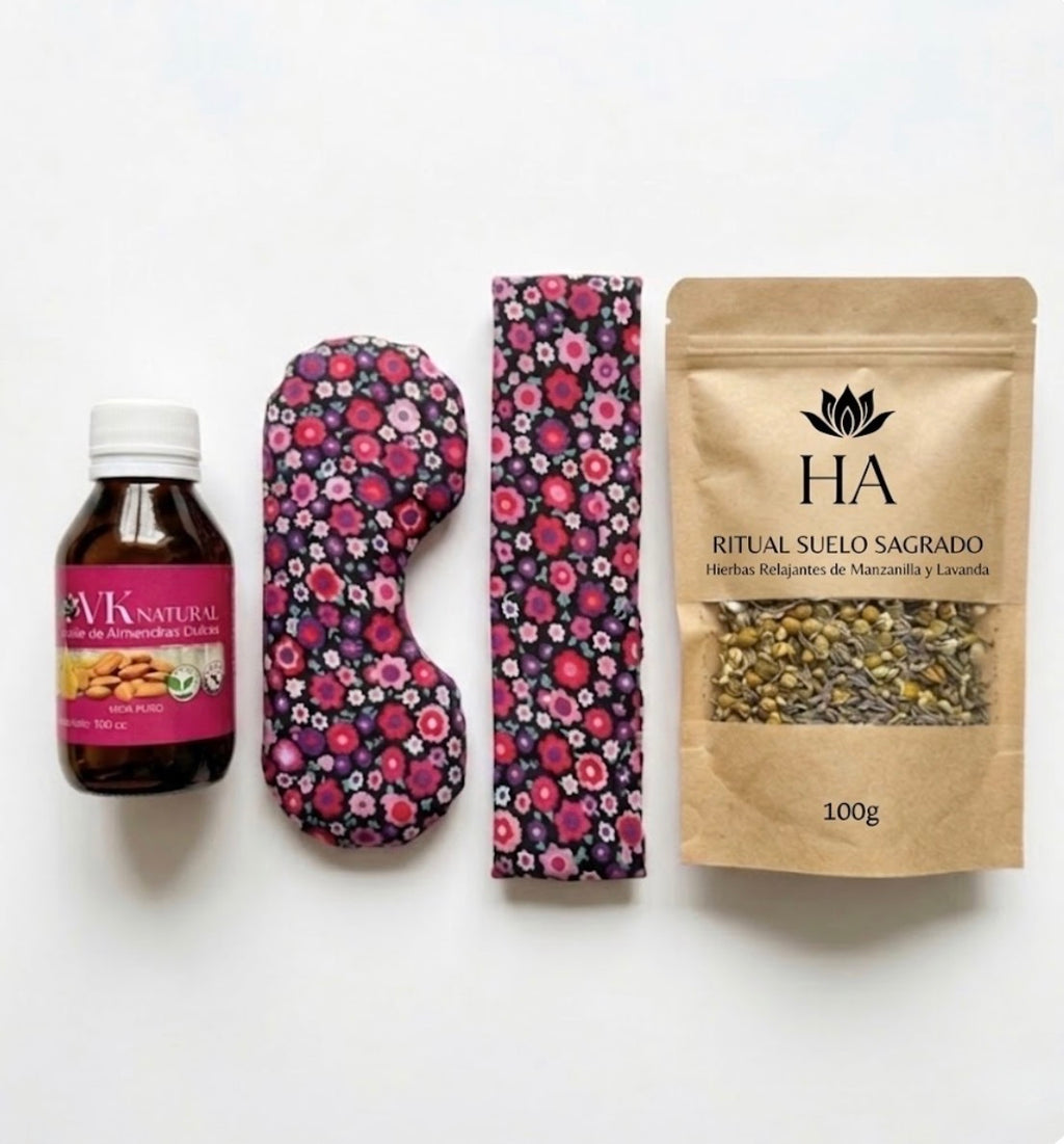 Kit Pausa Consciente ✨ | Ritual de Relajación Profunda (aceite de almendras x 2 100 cc, almohadilla semillas, vincha y hierbas para baño)